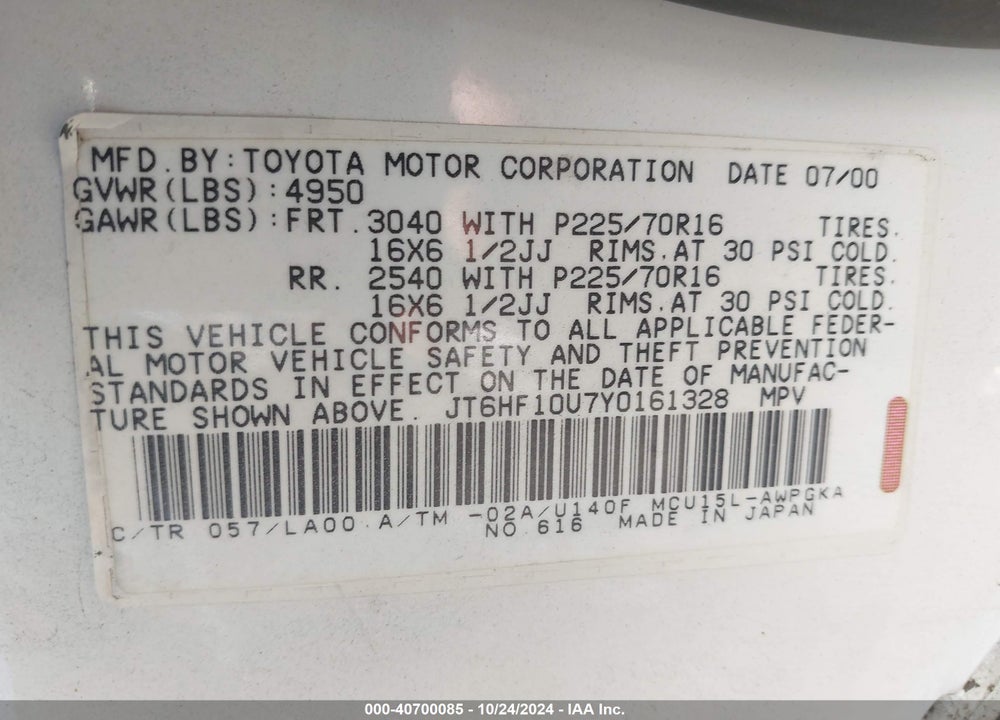 2000 LEXUS RX 300 VIN: JT6HF10U7Y0161328