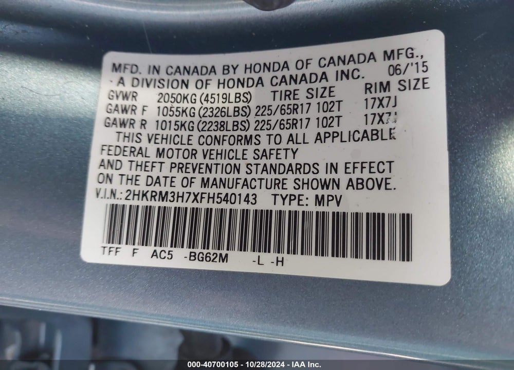 2015 HONDA CR-V EX-L VIN: 2HKRM3H7XFH540143