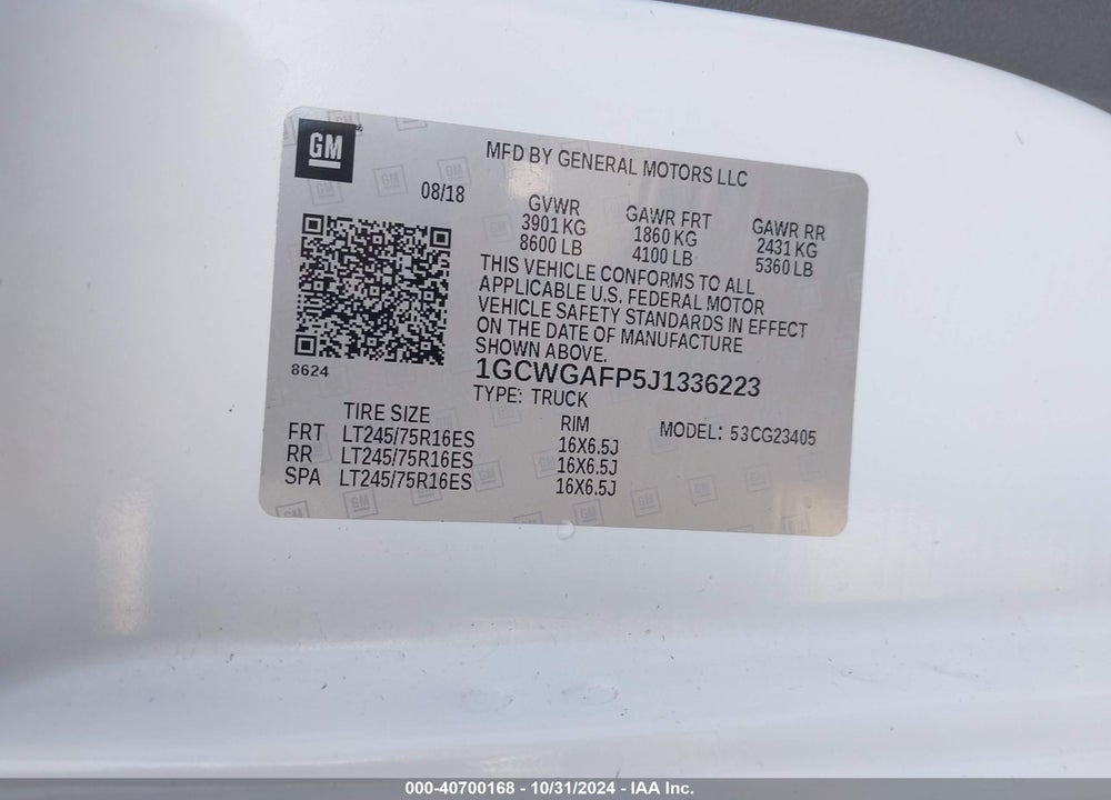 2018 CHEVROLET EXPRESS 2500 WORK VAN VIN: 1GCWGAFP5J1336223