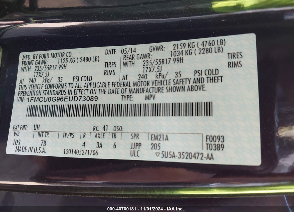 2014 FORD ESCAPE SE VIN: 1FMCU0G96EUD73089