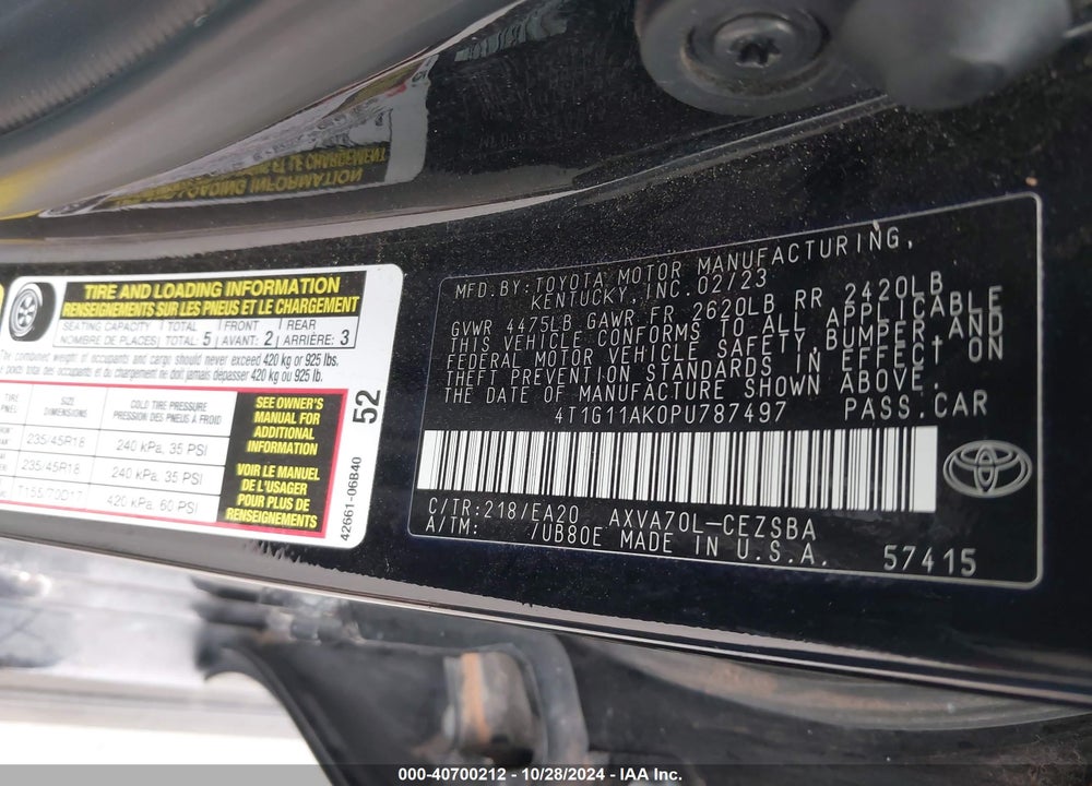 2023 TOYOTA CAMRY SE VIN: 4T1G11AK0PU787497