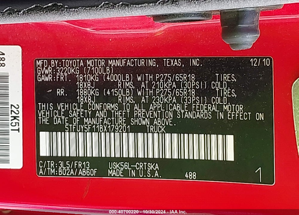 2011 TOYOTA TUNDRA GRADE 5.7L V8 VIN: 5TFUY5F11BX179201
