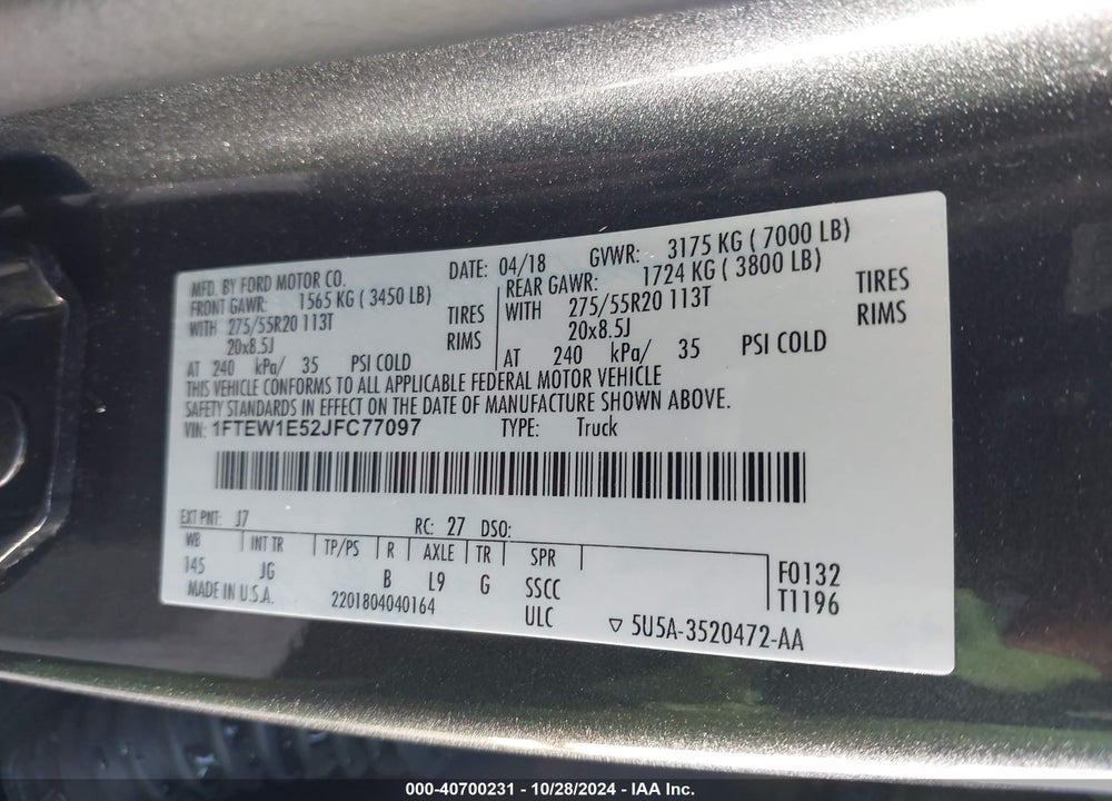 2018 FORD F-150 XL VIN: 1FTEW1E52JFC77097