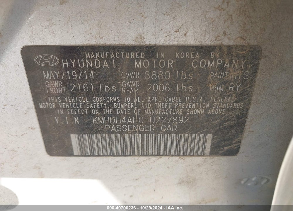 2015 HYUNDAI ELANTRA SE VIN: KMHDH4AE0FU227892