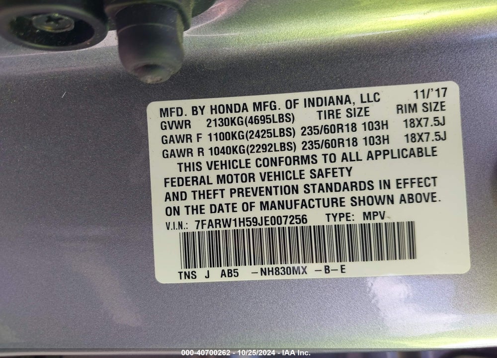 2018 HONDA CR-V EX VIN: 7FARW1H59JE007256