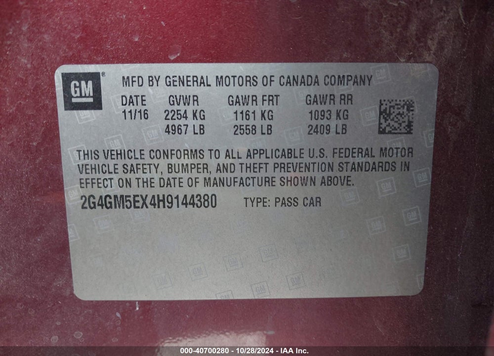 2017 BUICK REGAL TURBO VIN: 2G4GM5EX4H9144380