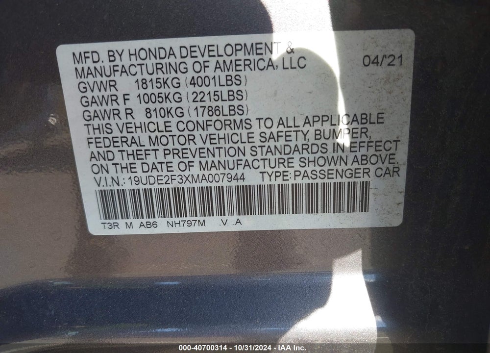 2021 ACURA ILX STANDARD VIN: 19UDE2F3XMA007944