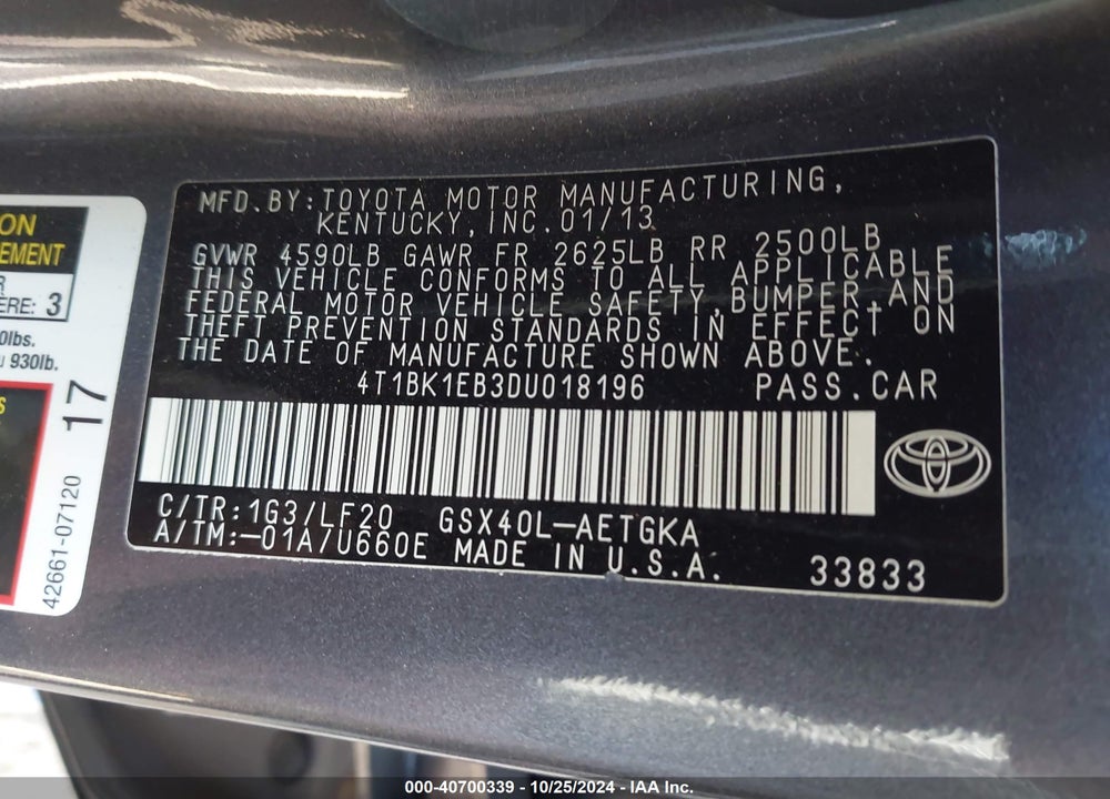 2013 TOYOTA AVALON XLE PREMIUM VIN: 4T1BK1EB3DU018196