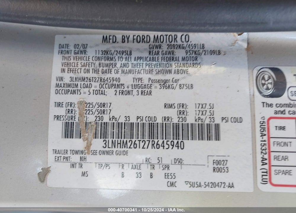 2007 LINCOLN MKZ VIN: 3LNHM26T27R645940