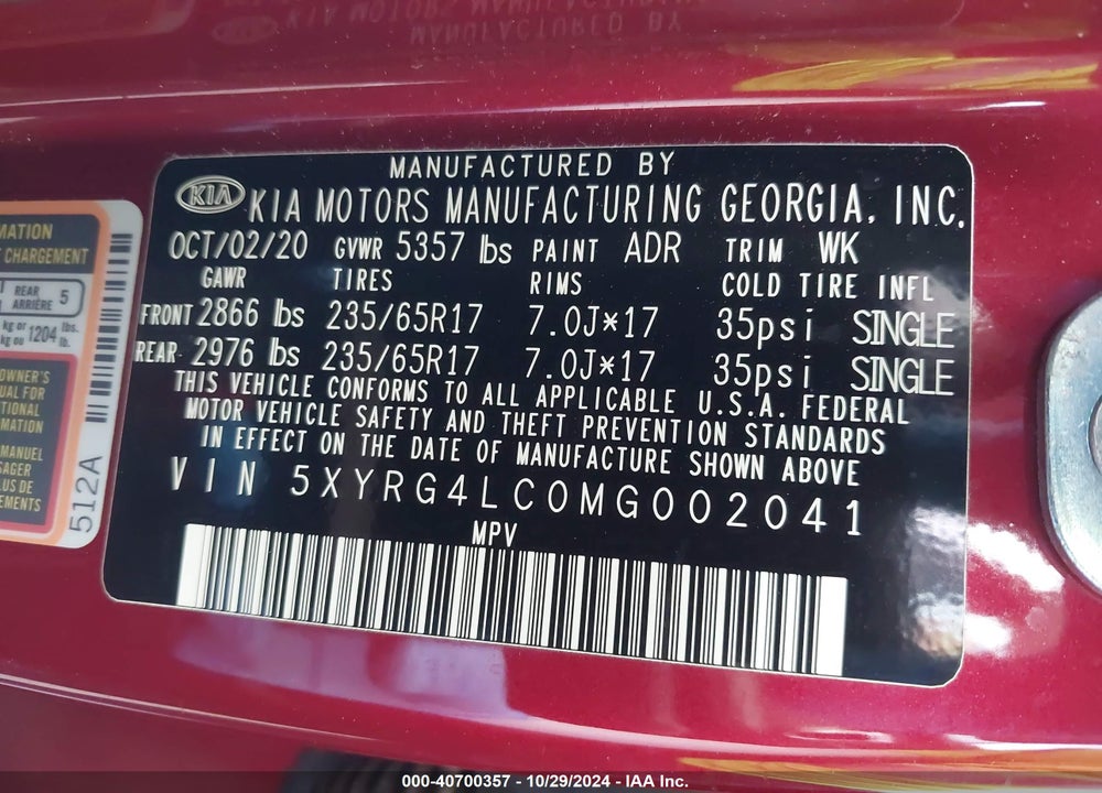 2021 KIA SORENTO LX VIN: 5XYRG4LC0MG002041