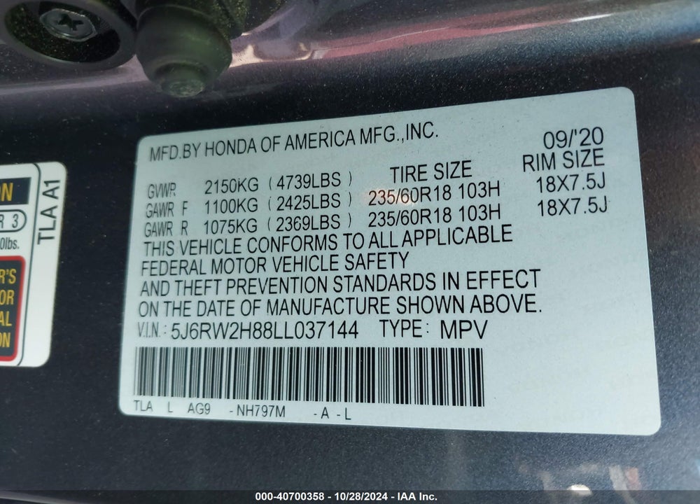 2020 HONDA CR-V AWD EX-L VIN: 5J6RW2H88LL037144