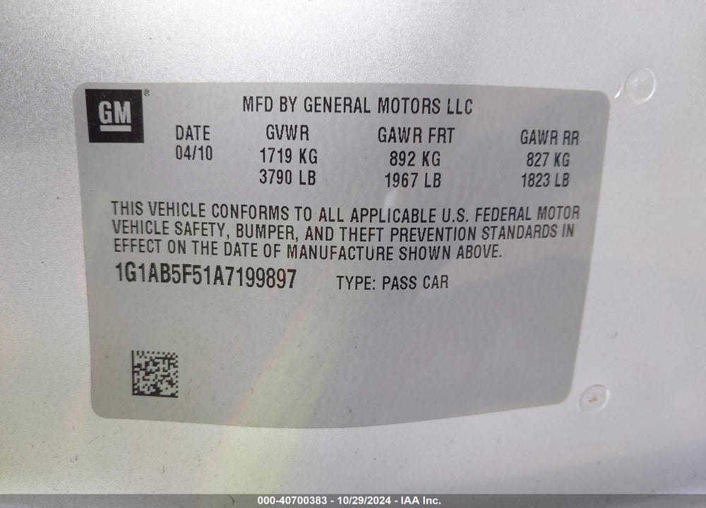 2010 CHEVROLET COBALT LS VIN: 1G1AB5F51A7199897