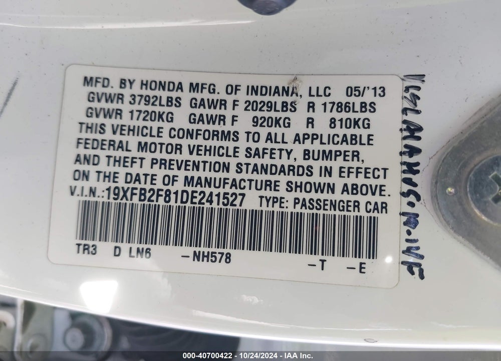 2013 HONDA CIVIC EX VIN: 19XFB2F81DE241527