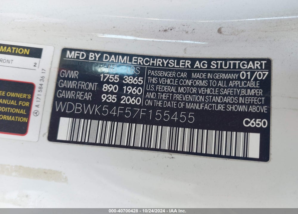 2007 MERCEDES-BENZ SLK 280 VIN: WDBWK54F57F155455