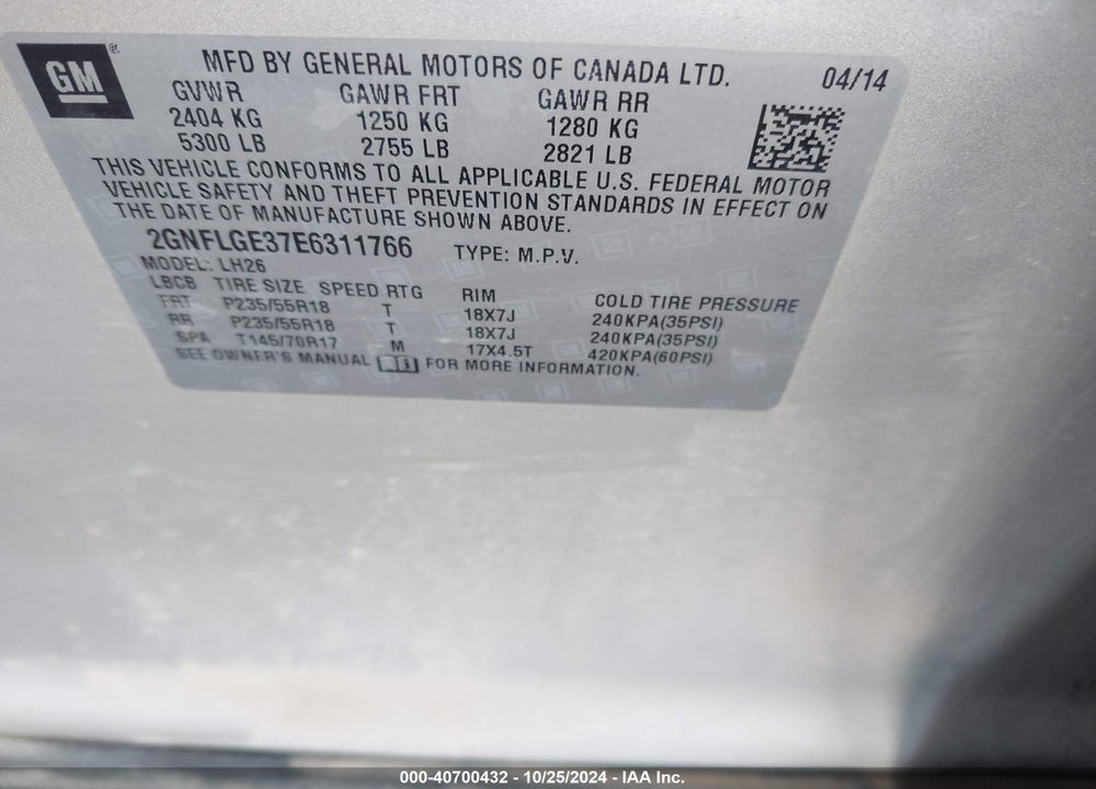 2014 CHEVROLET EQUINOX 2LT VIN: 2GNFLGE37E6311766