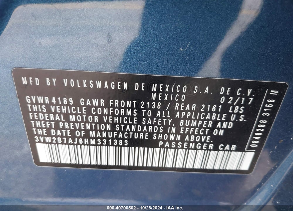 2017 VOLKSWAGEN JETTA VIN: 3VW2B7AJ6HM331383