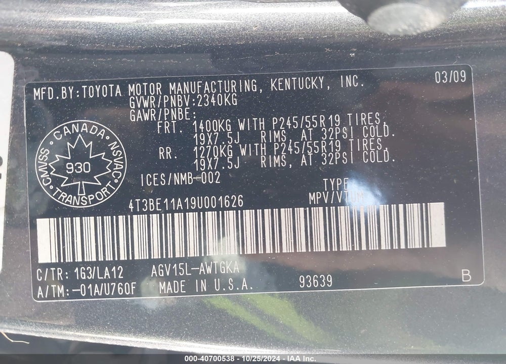 2009 TOYOTA VENZA VIN: 4T3BE11A19U001626