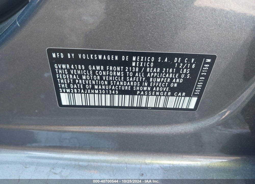 2017 VOLKSWAGEN JETTA 1.4T S VIN: 3VW2B7AJXHM301349
