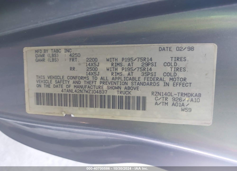 1998 TOYOTA TACOMA VIN: 4TANL42N7WZ104837