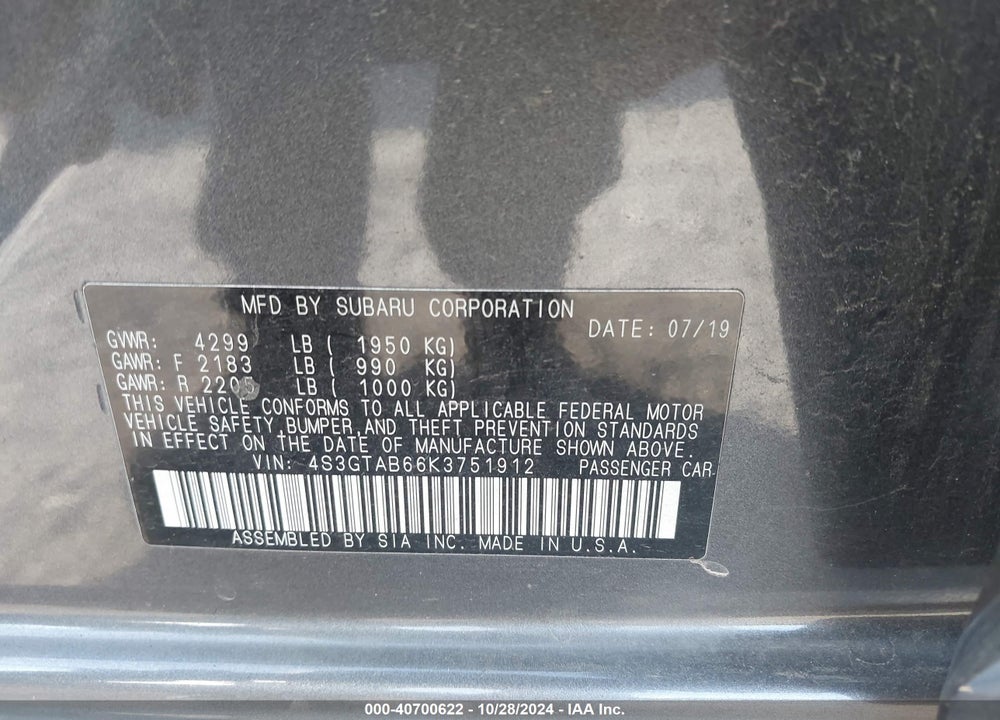 2019 SUBARU IMPREZA 2.0I VIN: 4S3GTAB66K3751912