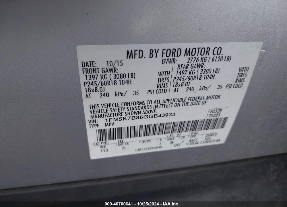 2016 FORD EXPLORER VIN: 1FM5K7B86GGB43933