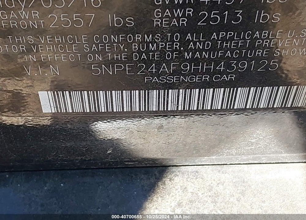 2017 HYUNDAI SONATA SE VIN: 5NPE24AF9HH439125