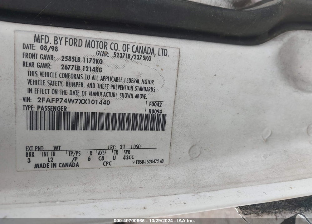 1999 FORD CROWN VICTORIA LX VIN: 2FAFP74W7XX101440
