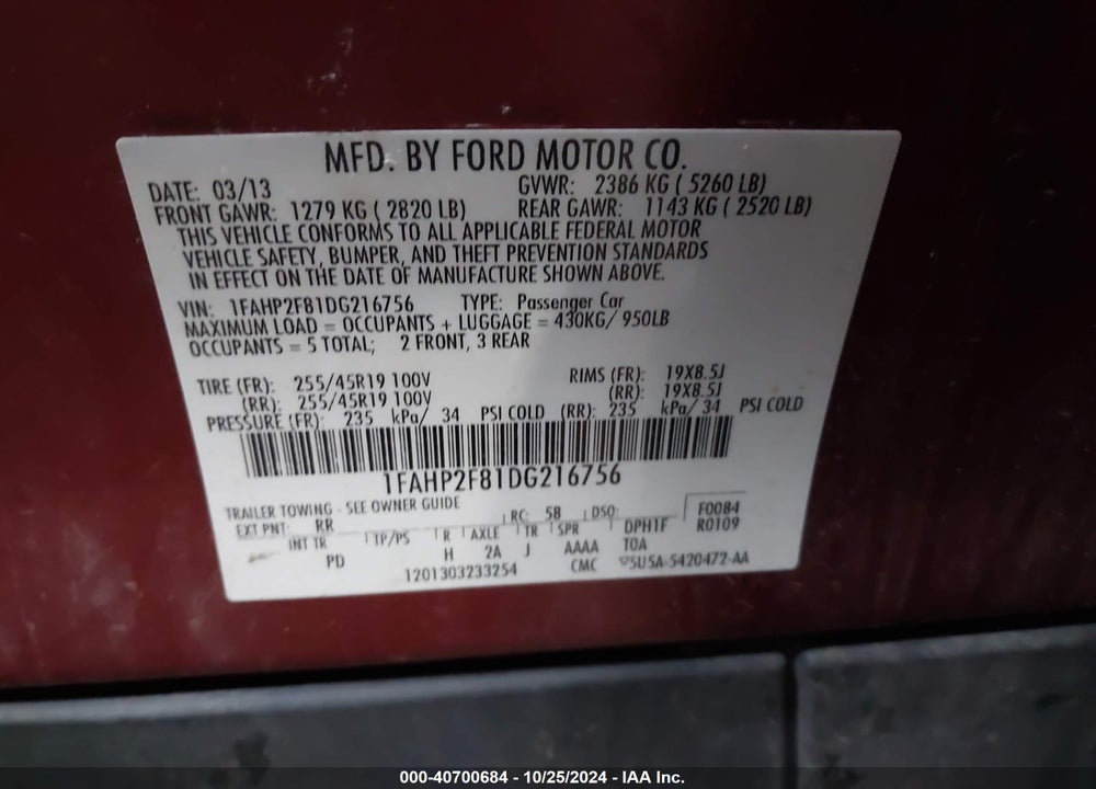 2013 FORD TAURUS LIMITED VIN: 1FAHP2F81DG216756