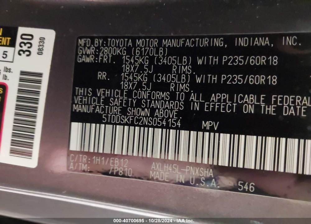 2022 TOYOTA SIENNA XSE VIN: 5TDDSKFC2NS054154