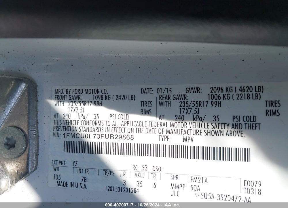2015 FORD ESCAPE S VIN: 1FMCU0F73FUB29868