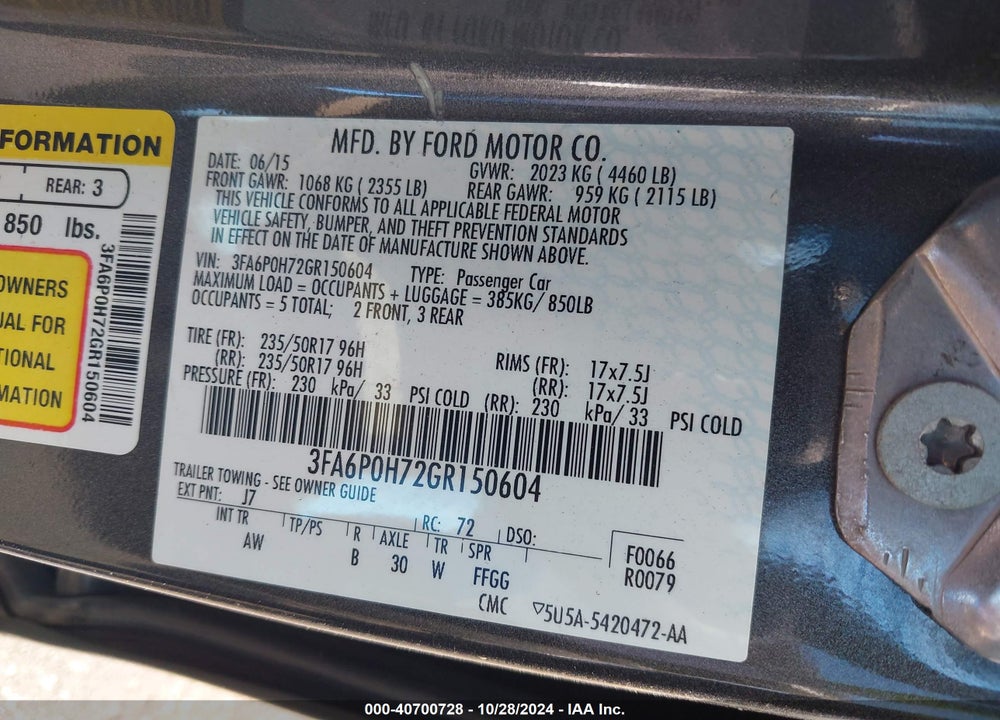 2016 FORD FUSION SE VIN: 3FA6P0H72GR150604