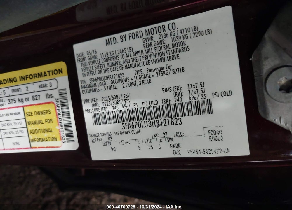2017 FORD FUSION HYBRID SE VIN: 3FA6P0LU3HR121823