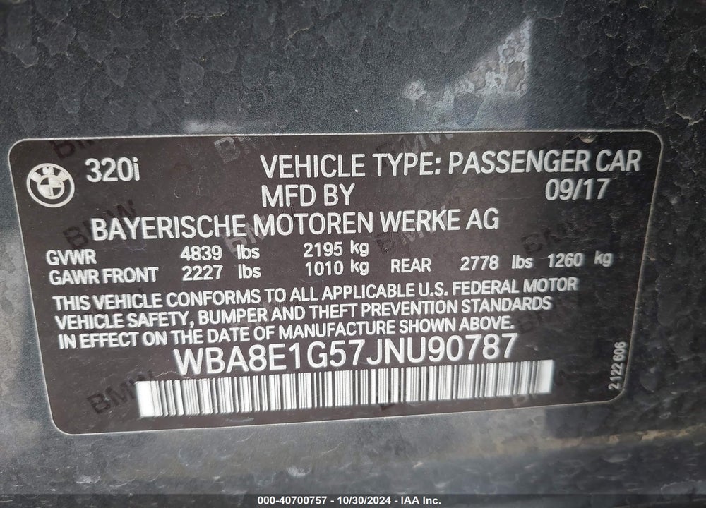 2018 BMW 320I VIN: WBA8E1G57JNU90787