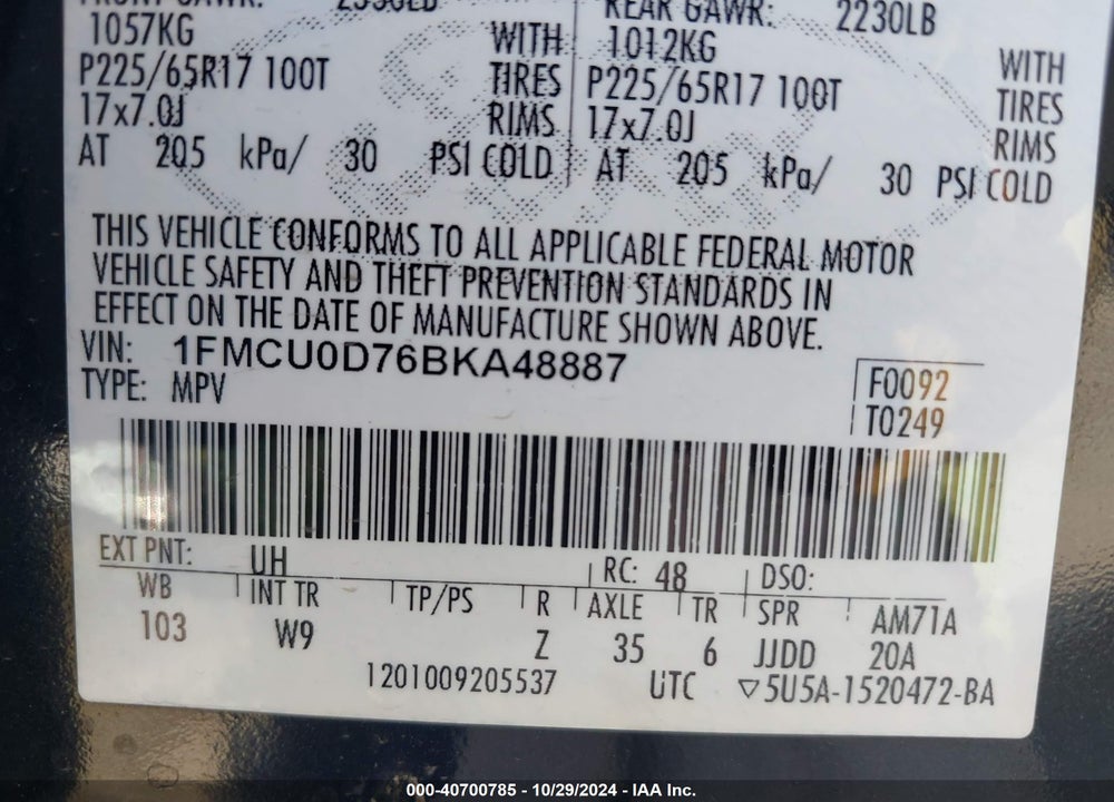 2011 FORD ESCAPE XLT VIN: 1FMCU0D76BKA48887