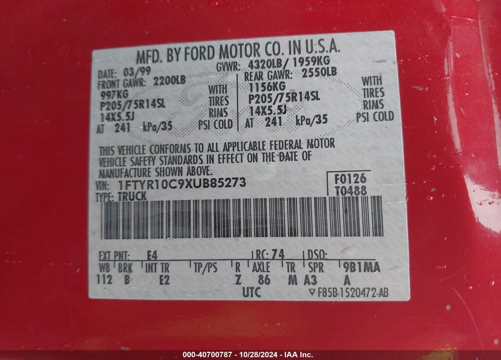 1999 FORD RANGER XL/XLT VIN: 1FTYR10C9XUB85273