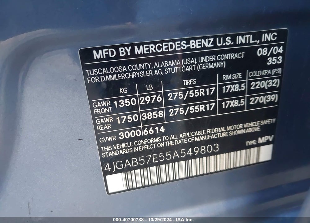 2005 MERCEDES-BENZ ML 350 4MATIC VIN: 4JGAB57E55A549803