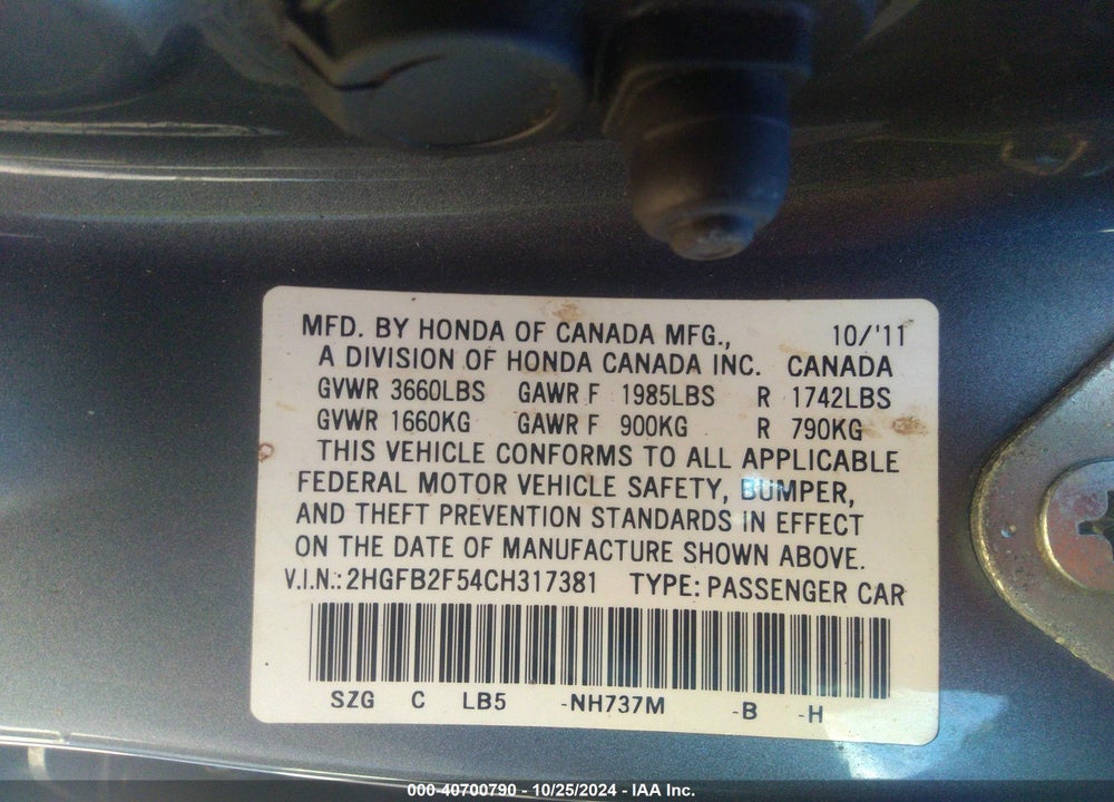 2012 HONDA CIVIC SDN LX VIN: 2HGFB2F54CH317381