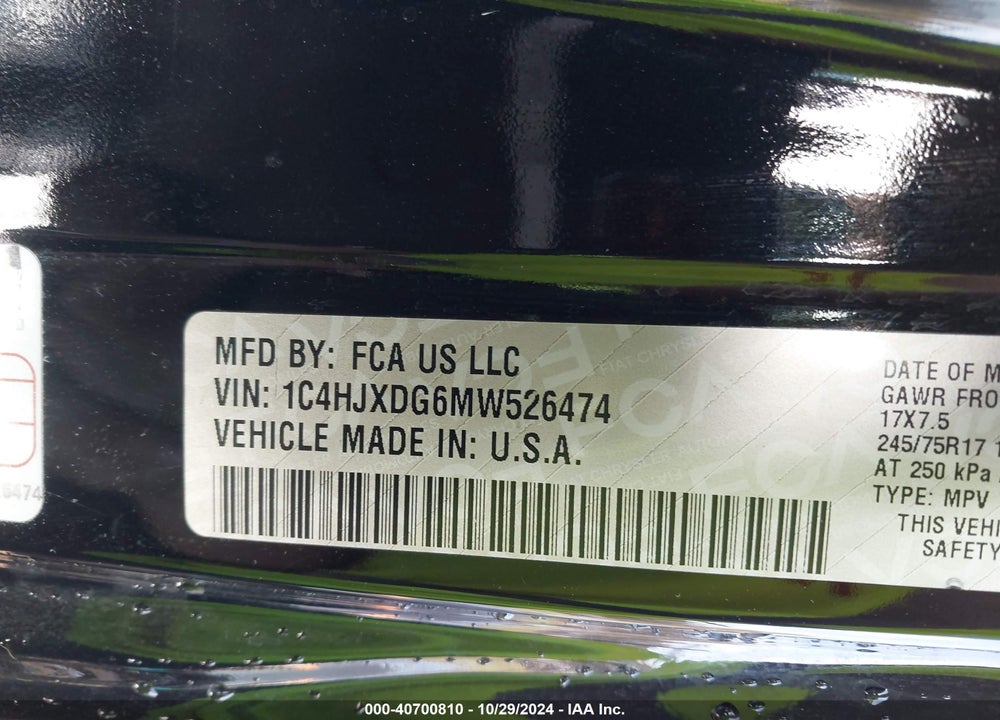 2021 JEEP WRANGLER UNLIMITED SPORT S 4X4 VIN: 1C4HJXDG6MW526474