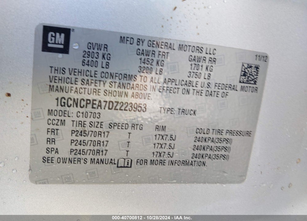 2013 CHEVROLET SILVERADO 1500 WORK TRUCK VIN: 1GCNCPEA7DZ223953