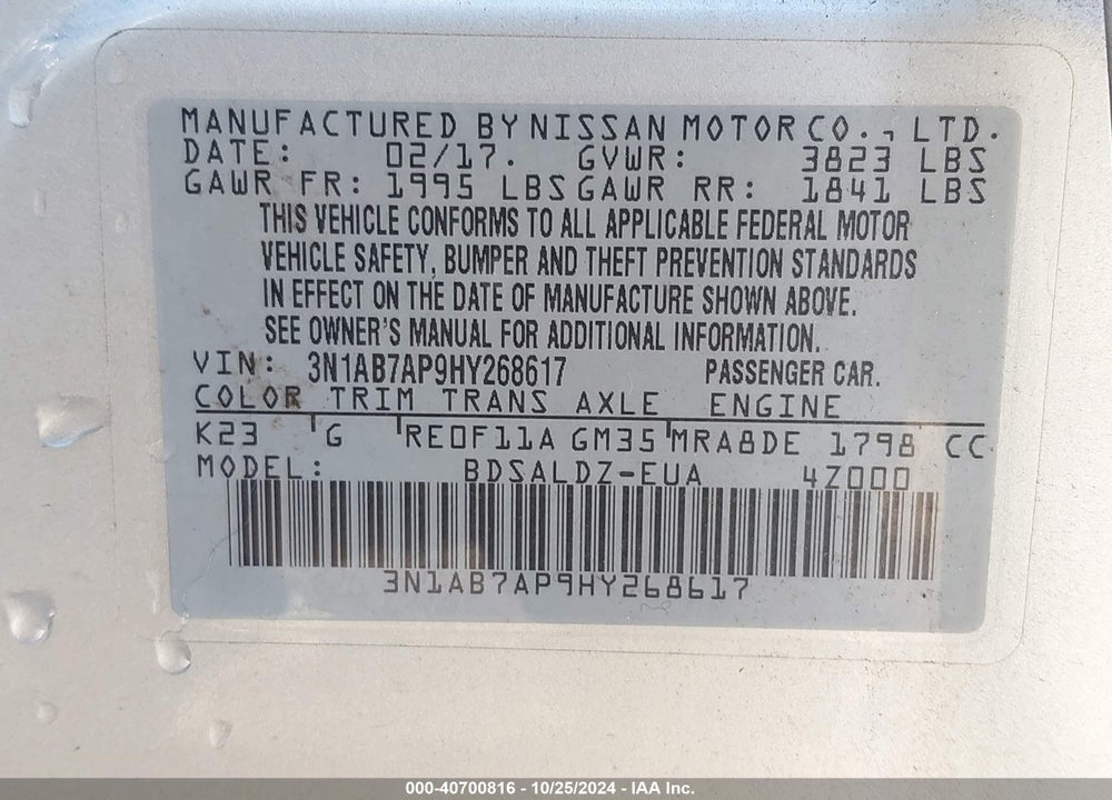 2017 NISSAN SENTRA SV VIN: 3N1AB7AP9HY268617