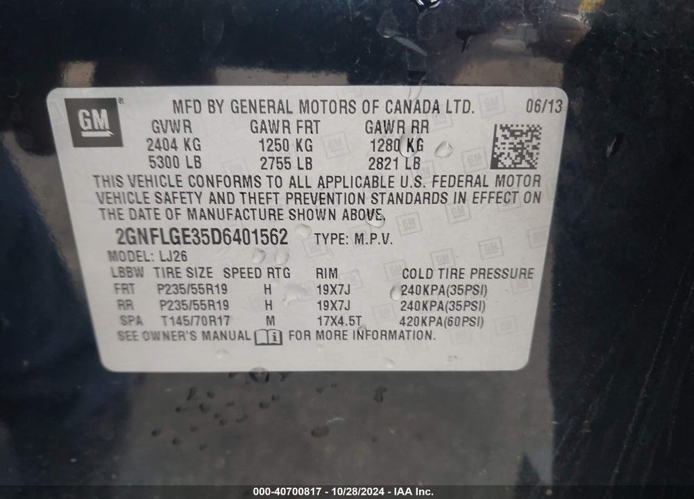 2013 CHEVROLET EQUINOX LTZ VIN: 2GNFLGE35D6401562