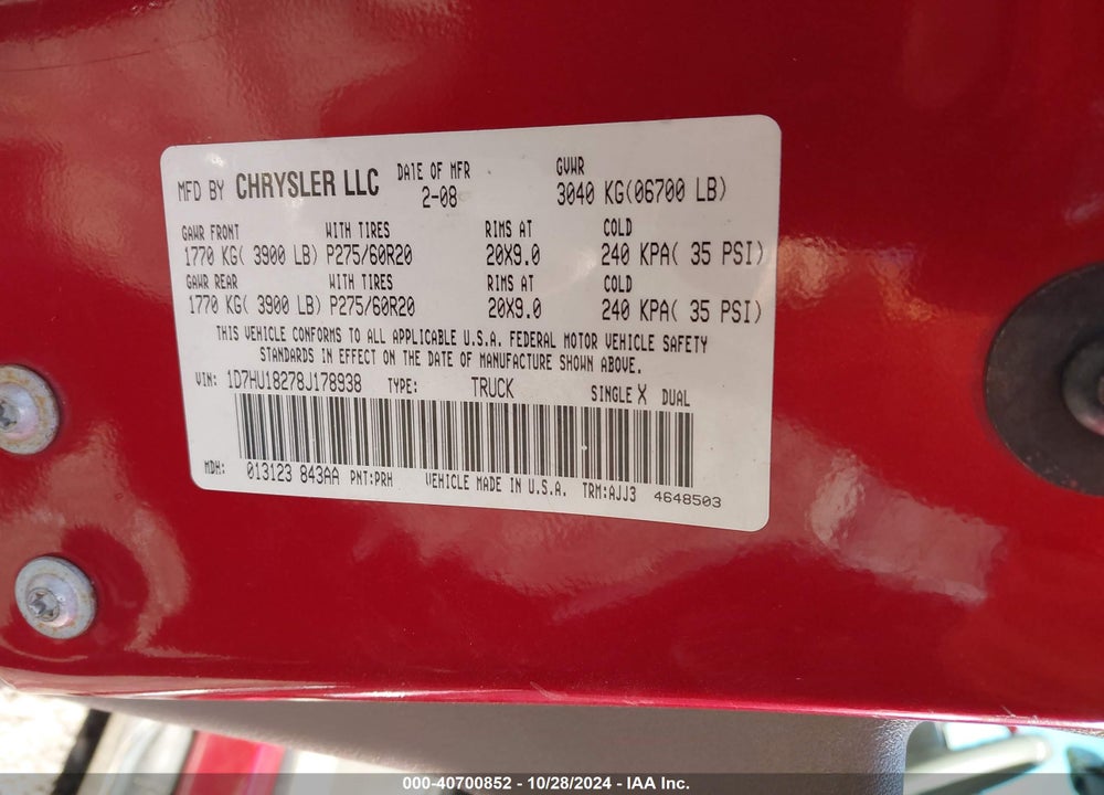 2008 DODGE RAM 1500 SLT VIN: 1D7HU18278J178938