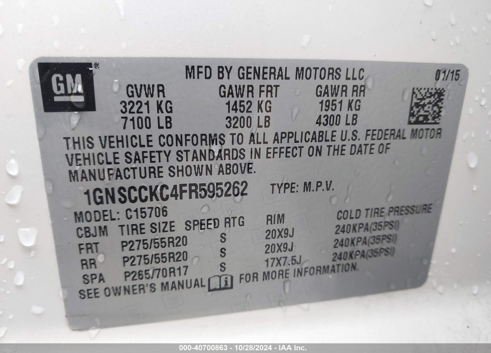 2015 CHEVROLET TAHOE LTZ VIN: 1GNSCCKC4FR595262