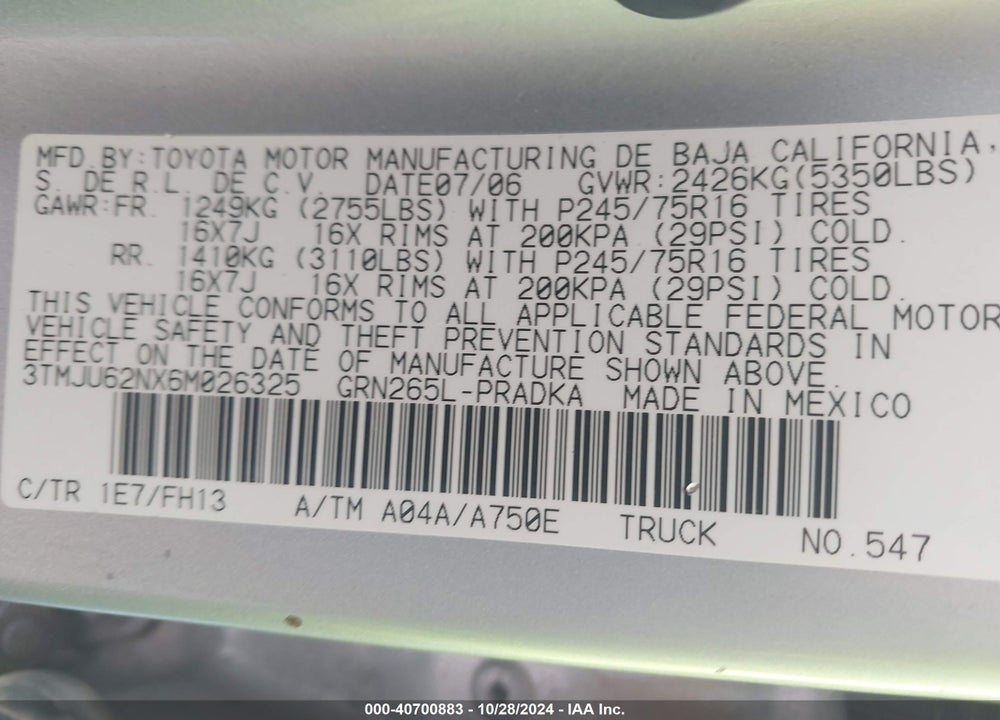 2006 TOYOTA TACOMA PRERUNNER V6 VIN: 3TMJU62NX6M026325