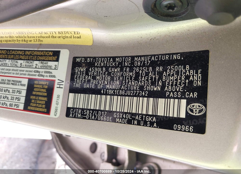 2018 TOYOTA AVALON VIN: 4T1BK1EB6JU277342