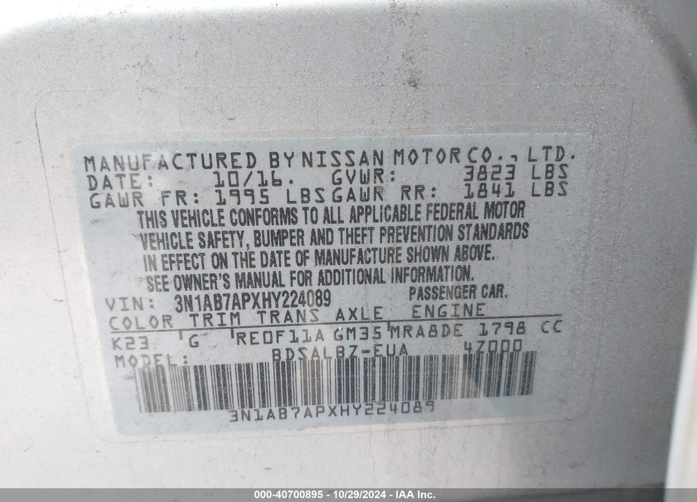 2017 NISSAN SENTRA S VIN: 3N1AB7APXHY224089