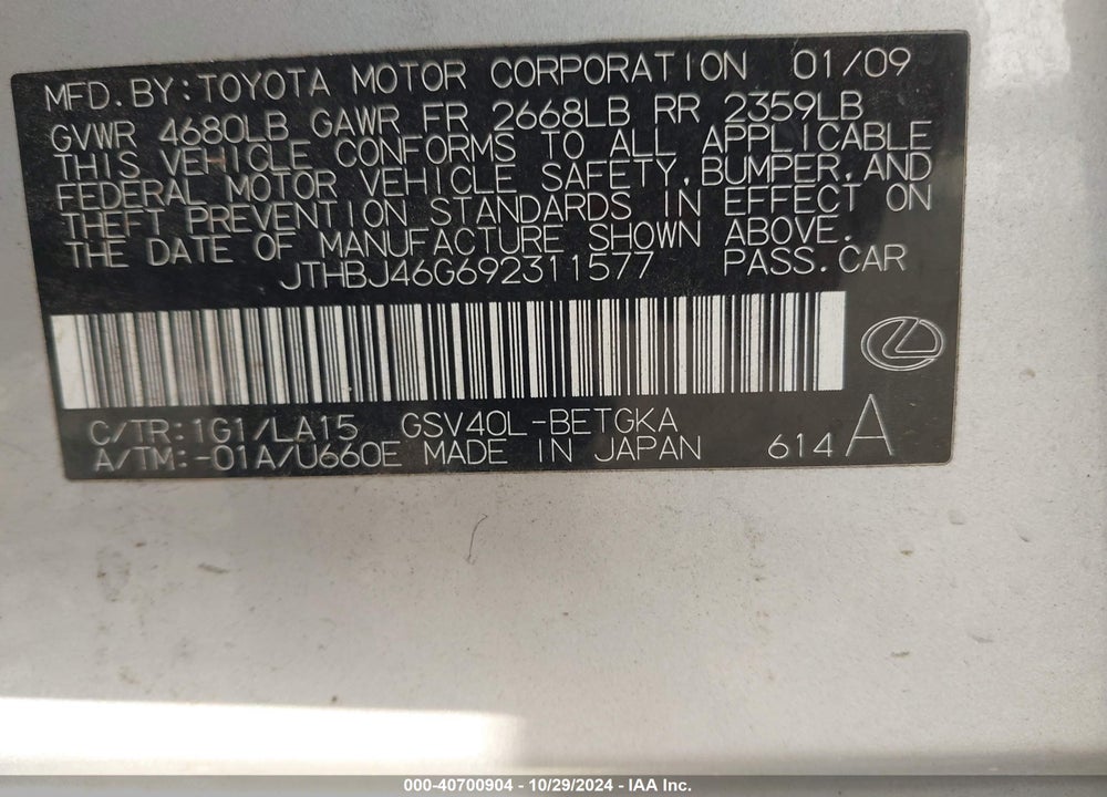 2009 LEXUS ES 350 VIN: JTHBJ46G692311577