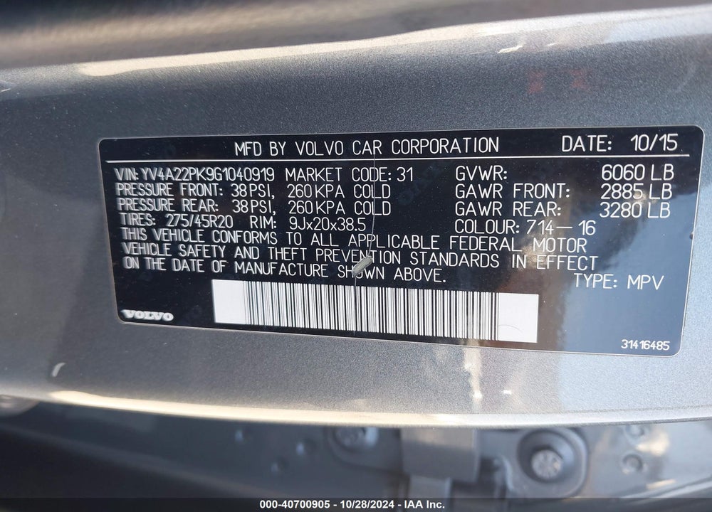 2016 VOLVO XC90 T6 MOMENTUM VIN: YV4A22PK9G1040919