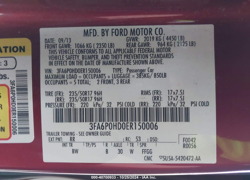 2014 FORD FUSION SE VIN: 3FA6P0HD0ER150006