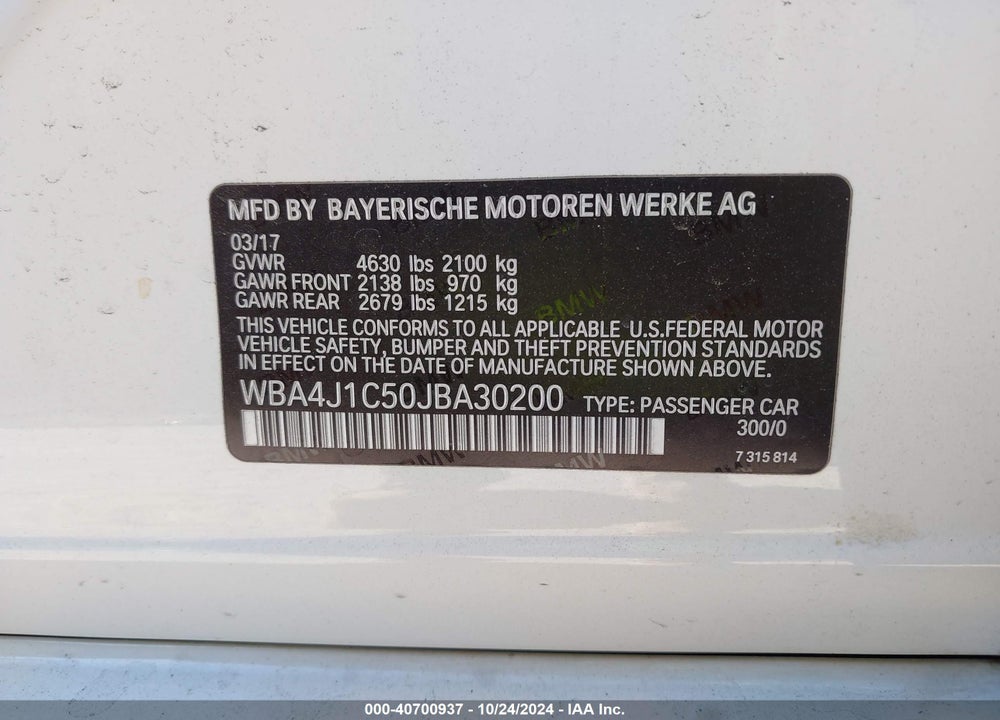 2018 BMW 430I GRAN COUPE VIN: WBA4J1C50JBA30200